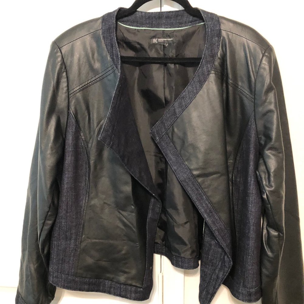 Denim Trim  Faux Leather Jacket